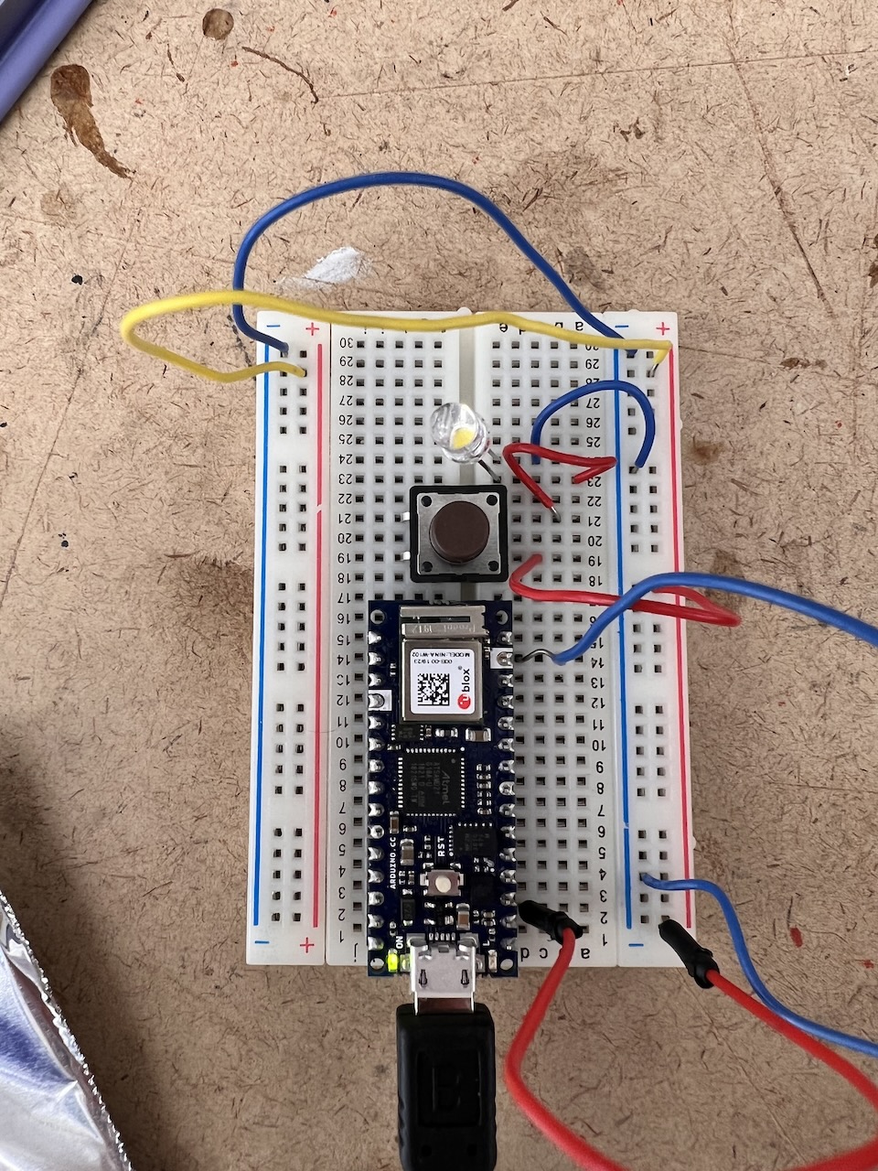Breadboard with LED lit up